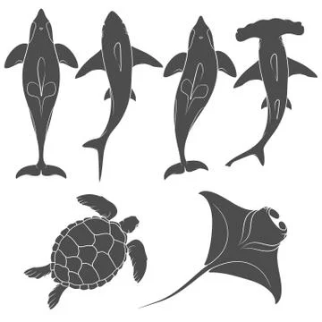 Set of images with marine animals. Vector black and white isolated objects. Stock Illustration