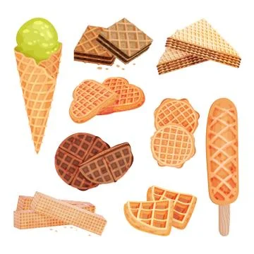Set of images of sweets from waffles. Ice cream, biscuits, straw. Vector Illustrazione stock
