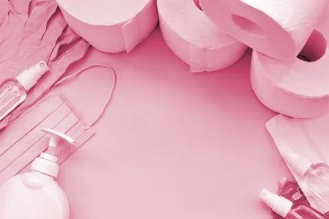 Set of important items for Covid-19 quarantine. Image toned in Viva Magenta Stock-Illustration