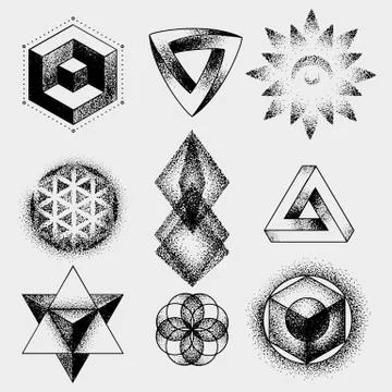 Set of impossible and other tattoo shapes, dotwork, blackwork all made of dots Stock-Illustration