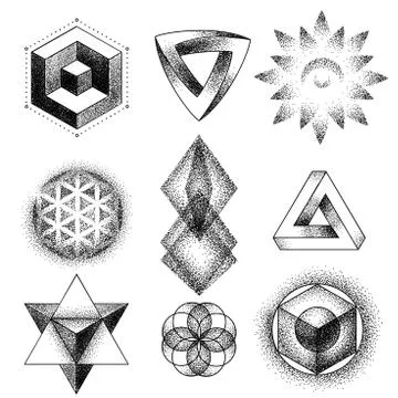 Set of impossible and other tattoo shapes, dotwork, blackwork all made of dots Stock-Illustration