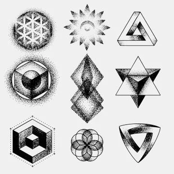 Set of impossible and other tattoo shapes, dotwork, blackwork all made of dots Stock-Illustration