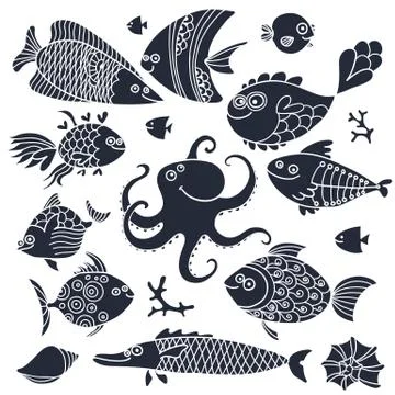 Set imprint cute fish and octopus for the design Stock Illustration