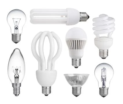 Set of incandescent, halogen, compact fluorescent, led light bulbs isolated o Stock Photos