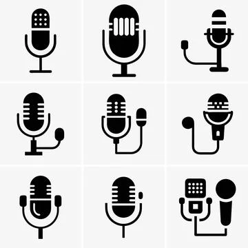 Set includes nine distinct black microphone icons, each uniquely stylized and Stock Illustration
