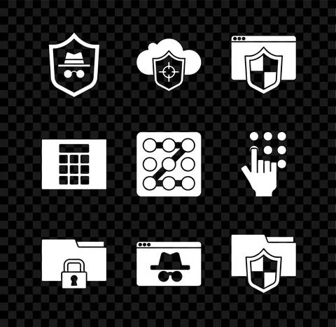 Set Incognito mode, Cloud and shield, Browser with, Folder lock, incognito Stock Illustration