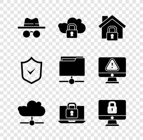 Set Incognito mode, Cloud computing lock, House under protection, Network cloud Ilustração Stock