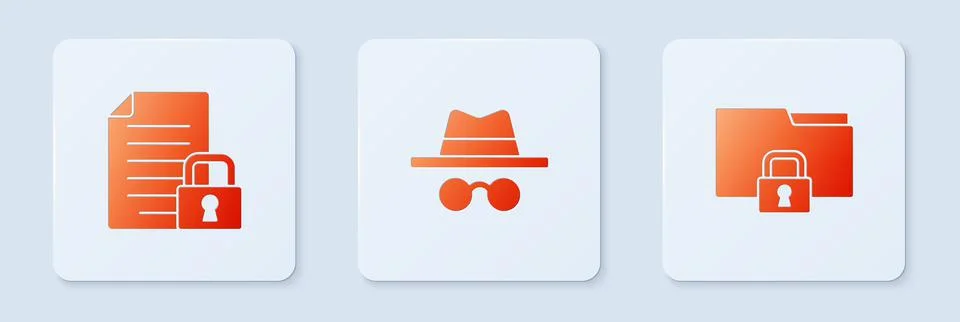 Set Incognito mode, Document and lock and Folder. White square button. Vector Illustrazione stock