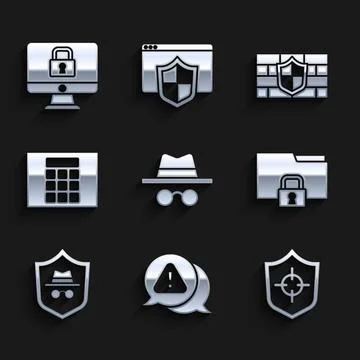 Set Incognito mode, Exclamation mark in triangle, Shield, Folder and lock, .. Illustrazione stock