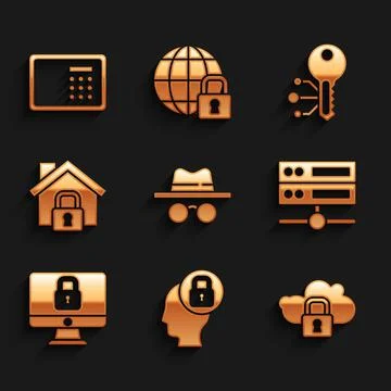 Set Incognito mode, Human head with lock, Cloud computing, Server, Data, Web Illustrazione stock