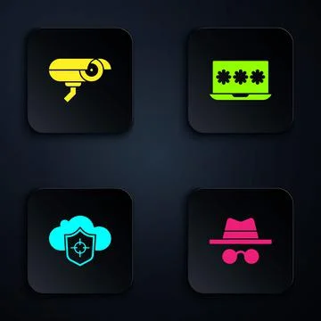 Set Incognito mode, Security camera, Cloud and shield and Laptop with password Stock Illustration