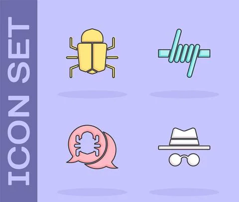 Set Incognito mode, System bug, and Barbed wire icon. Vector Stock-Illustration