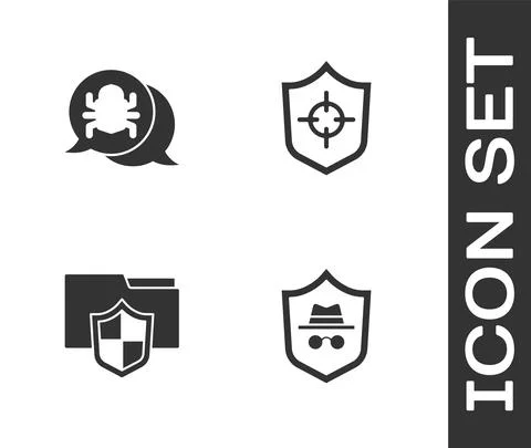 Set Incognito mode, System bug, Document folder protection and Shield icon 스톡 일러스트