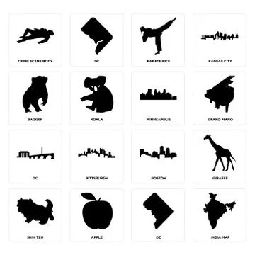 Set of india map, dc, shih tzu, boston, minneapolis, badger, karate kick, cri Free Stock Illustration
