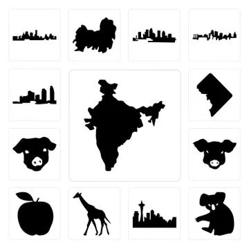 Set of india map, koala, seattle skyline on white background, , giraffe, appl 무료 스톡 일러스트