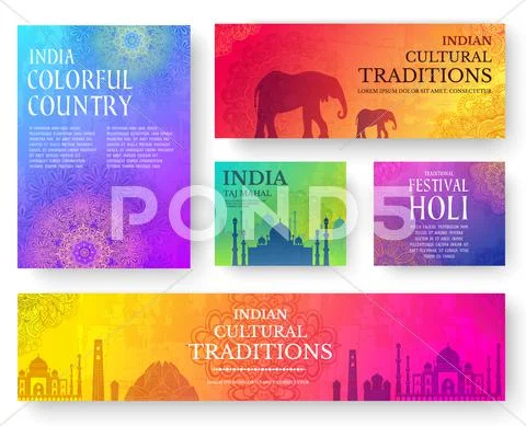 Set of Indian country ornament illustration concept. Art traditional, poster Stock Illustration