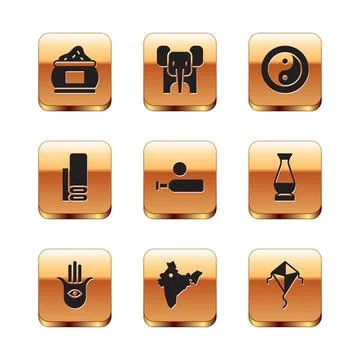Set Indian spice, Hamsa hand, map, Wood cricket bat ball, textile fabric, Yin Stock Illustration