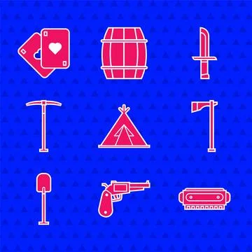 Set Indian teepee or wigwam, Revolver gun, Harmonica, Tomahawk axe, Shovel,.. Stock Illustration