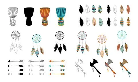 Set of Indian tribal elements with drums, dreamcatchers, feathers, arrows, axes 스톡 일러스트