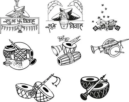 Set of Indian Wedding Musical Elements Clipart uses for Invitation Card, Bann Stock-Illustration