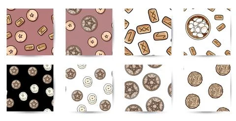 Set of indigenous rustic seamless border patterns. Doodle style comic runes, Stock Illustration