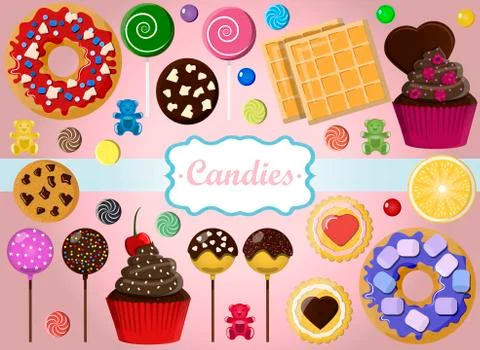 A set of individual sweets on a pink background. Cookies, cupcakes, doughnuts Stock Illustration