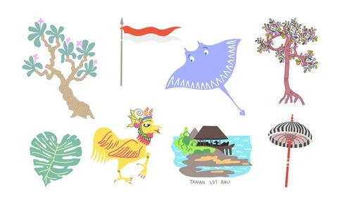 Set of indonesian flat design objects, bali symbols vector illustration Stock-Illustration