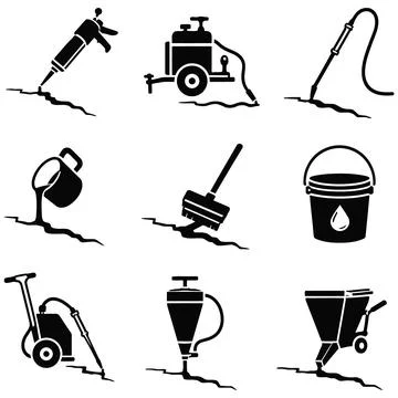 Set of Industrial Construction Icons Representing Asphalt Crack Repair Method Illustration
