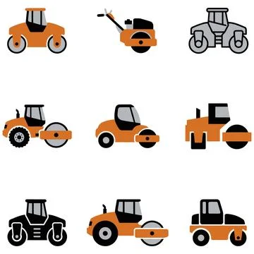 Set of Industrial Construction Road Roller Vehicle Icons in Flat Vector Gra.. Stock Illustration