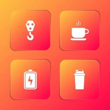 Set Industrial hook, Coffee cup, Battery and Fitness shaker icon. Vector Stock Illustration