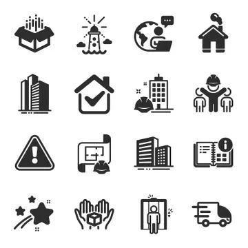 Set of Industrial icons, such as Engineering team, Hold box, Lighthouse symbols 스톡 일러스트