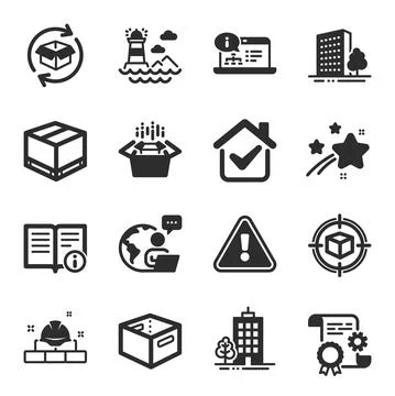 Set of Industrial icons, such as Return parcel, Lighthouse, Skyscraper buildings Stock Illustration