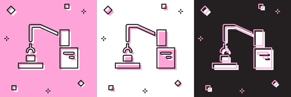 Set Industrial machine robotic robot arm hand factory icon isolated on pink and Illustrazione stock