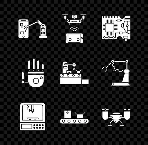 Set Industrial machine robotic robot arm hand, Printed circuit board PCB, 3D Stock Illustration