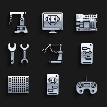 Set Industrial machine robotic robot arm hand factory, Bot, Remote control Illustration