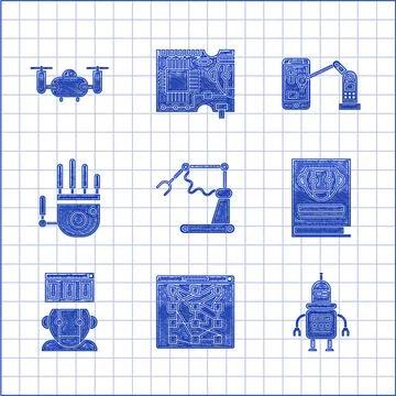 Set Industrial machine robotic robot arm hand factory, Global technology social Stock Illustration
