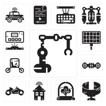 Set of Industrial robot, Panoramic view, Tree, Smart house, Motorbike, Hoverb 無料イラスト素材