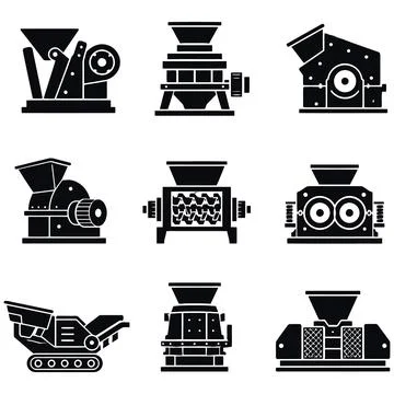 Set of Industrial Rock Crusher Machine Icons for Mining and Construction Stockillustratie