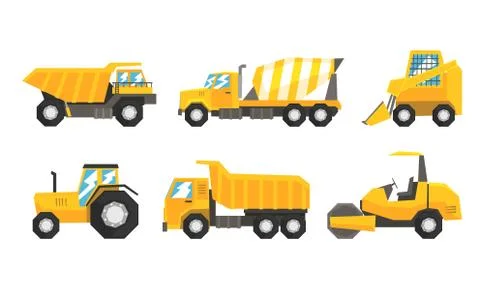 Set Of Industrial Transport Using On Road Or Constructive Works Flat Vector Stock Illustration