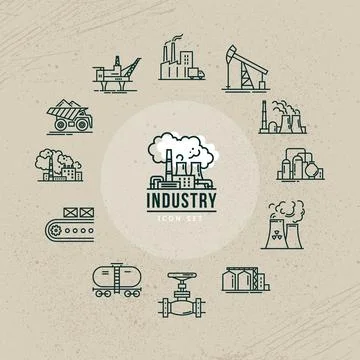 A set of industrial vector icons in linear style for a logo or infographic Stock Illustration