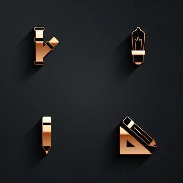 Set Industry metallic pipe, Light bulb, Pencil with eraser and Triangular ruler Illustrazione stock