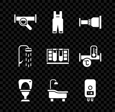 Set Industry metallic pipe, Work overalls, Pipe adapter, Toilet bowl, Bathtub Stock Illustration