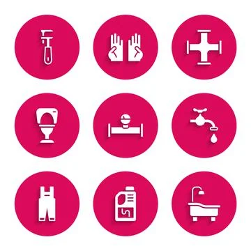 Set Industry pipe and manometer, Drain cleaner bottle, Bathtub, Water tap, Work Stock Illustration