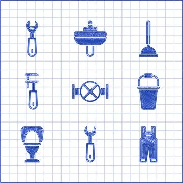 Set Industry pipe and valve, Wrench spanner, Work overalls, Bucket, Toilet bowl Stock Illustration