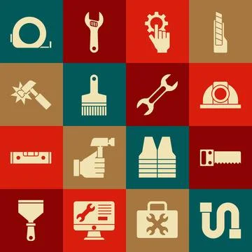 Set Industry pipe, Hand saw, Worker safety helmet, Settings in the hand, Pa.. Stock Illustration