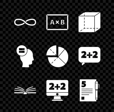 Set Infinity, Chalkboard, Geometric figure Cube, Open book, Equation solution Stock Illustration