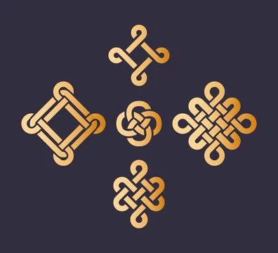 Set Infinity knot of longevity and health, a sign of good luck. Gold Antique Stock Illustration