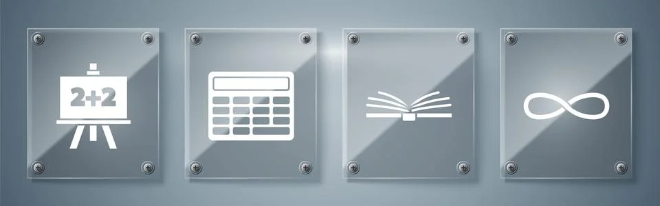 Set Infinity, Open book, Calculator and Chalkboard. Square glass panels. Vector 스톡 일러스트