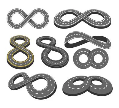 Set of infinity road collection with different views or angle, Curved road .. 스톡 일러스트
