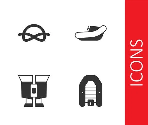 Set Inflatable boat with motor, Nautical rope knots, Binoculars and  icon. Ve Stock Illustration